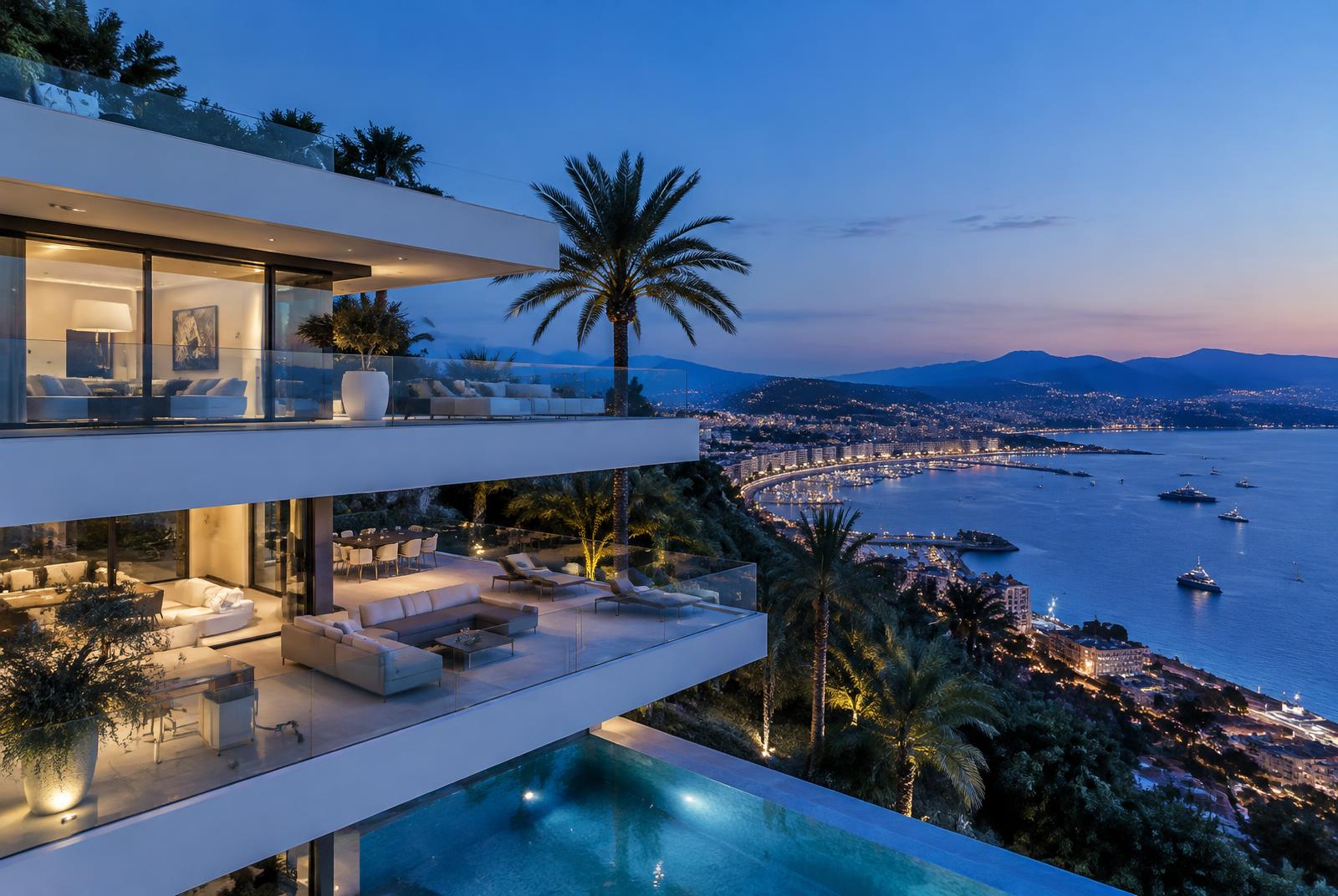 White terraced residence overlooking the bay of Cannes at blue hour