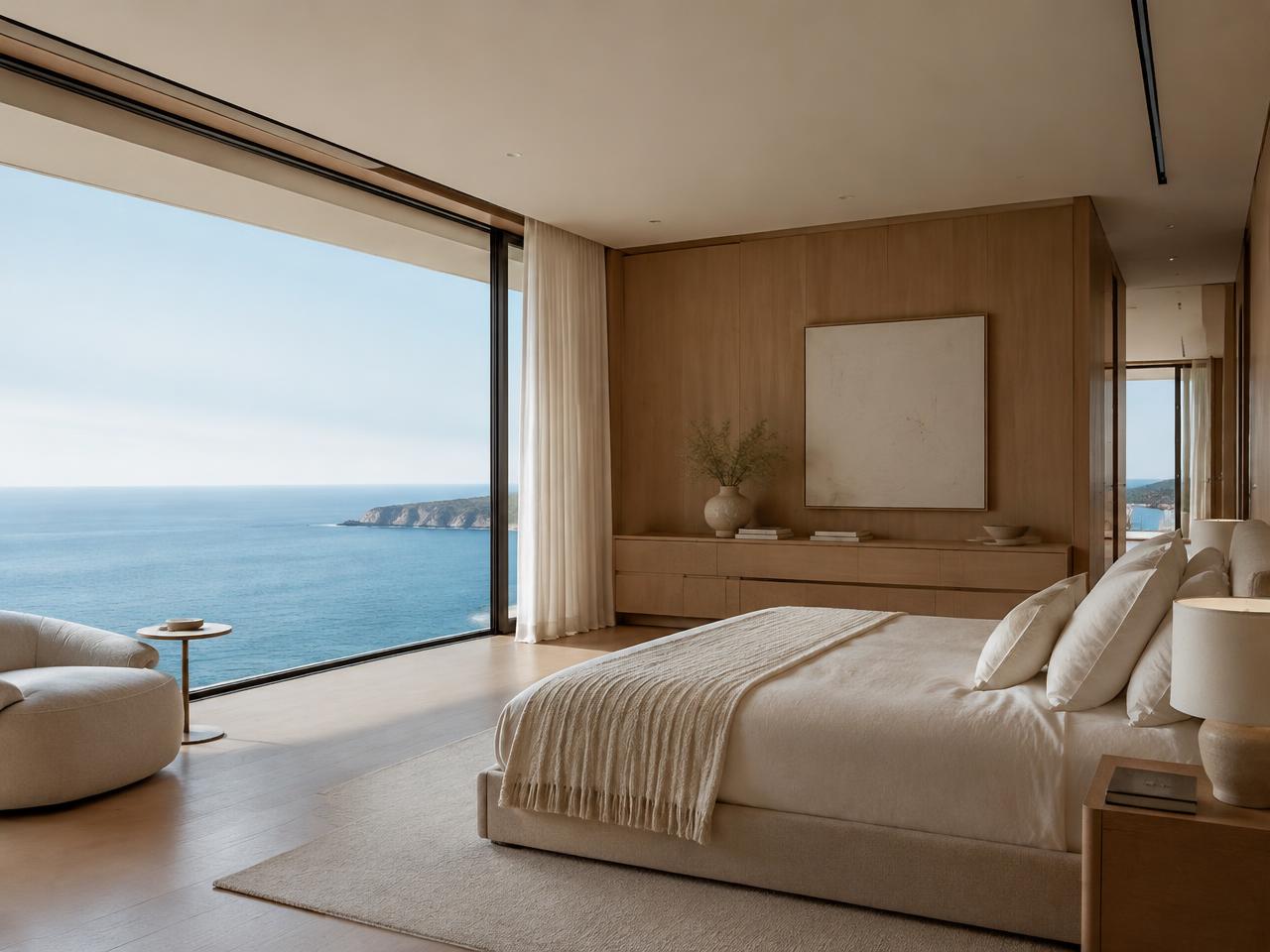 Master bedroom with a panoramic window over the sea