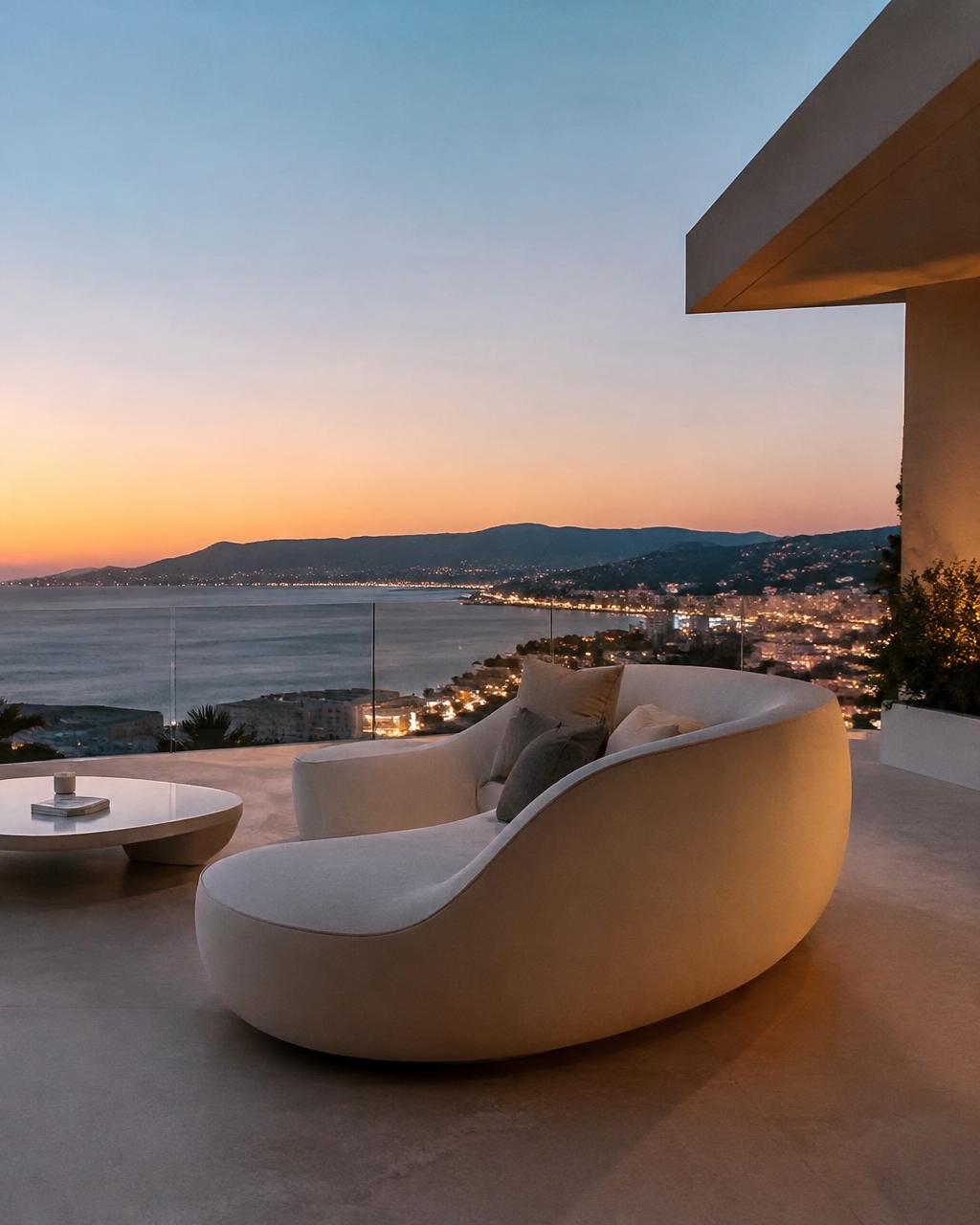Rooftop terrace with a sculptural sofa at sunset