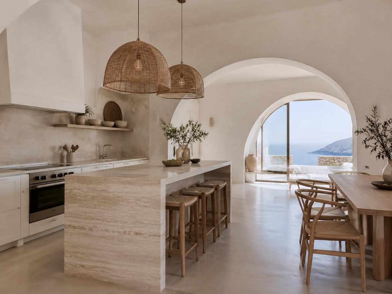 Arched kitchen with travertine island and sea view