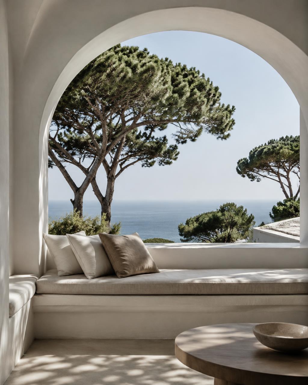 Arched loggia framing umbrella pines and the sea