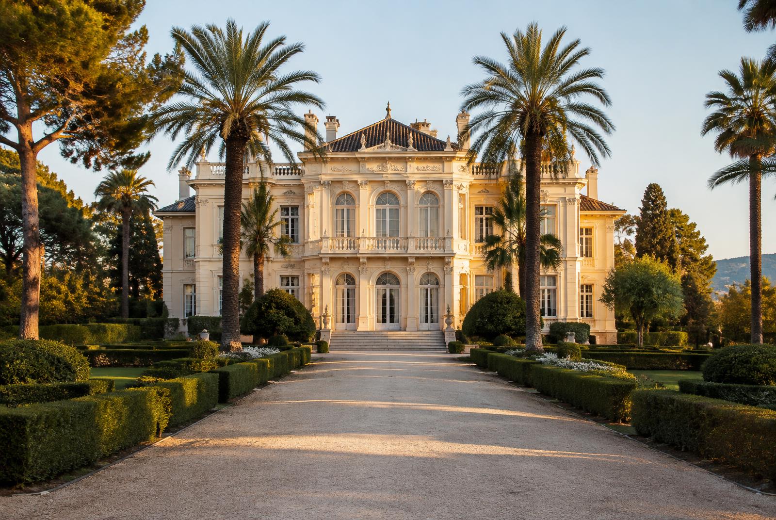 Belle Époque estate façade framed by palms and formal hedges