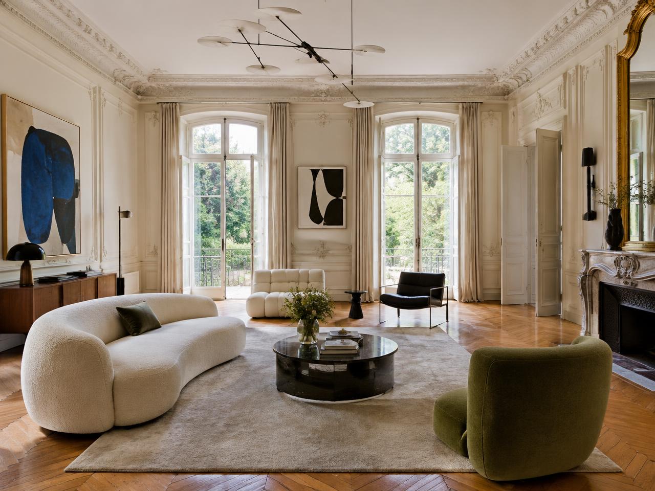Grand salon with mouldings, parquet and contemporary furniture