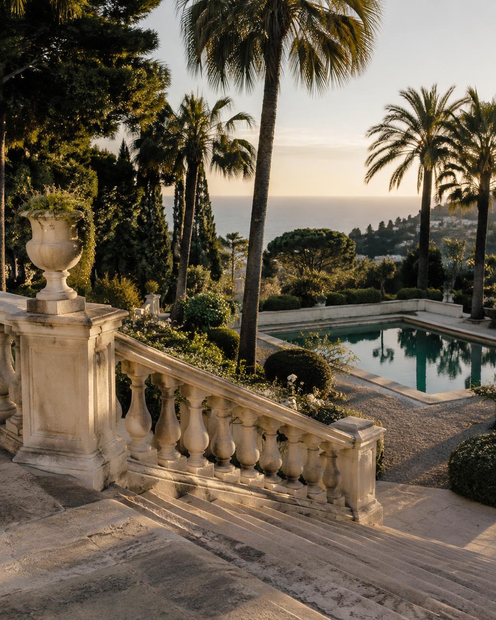 Stone balustrade staircase descending to a garden pool