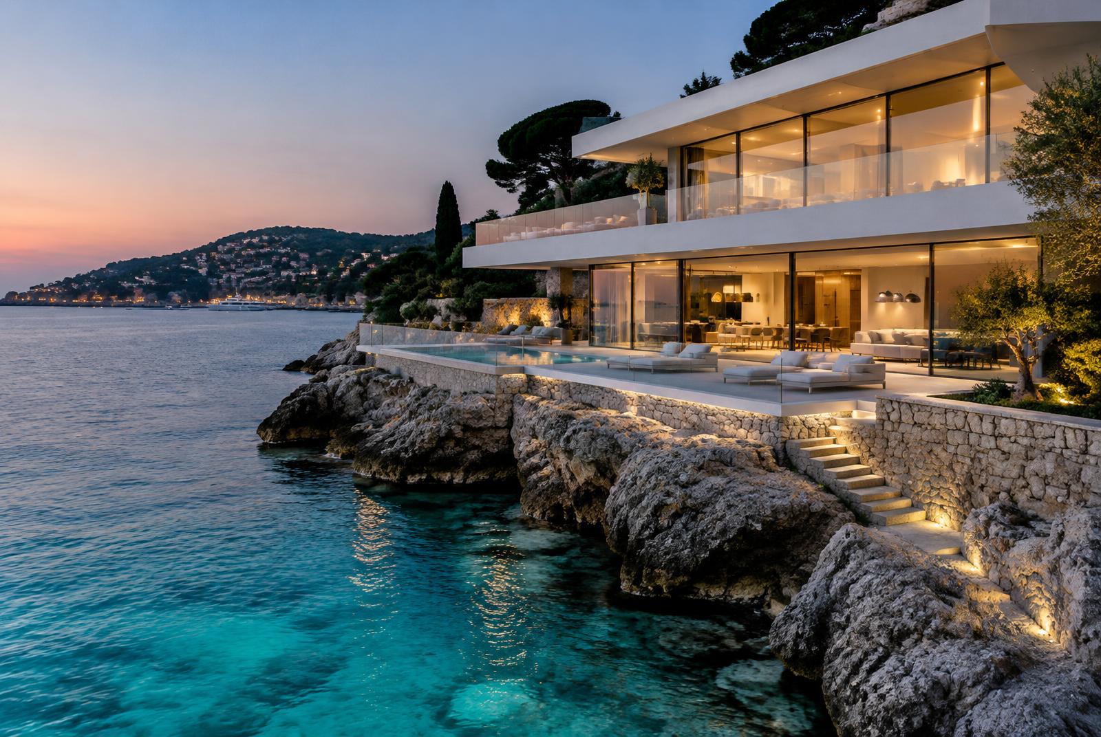 Villa Lumière at dusk, white terraces above the turquoise sea