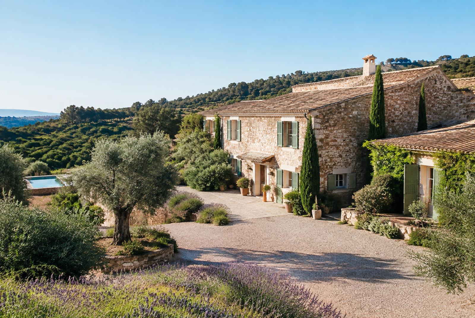 Stone estate with green shutters among olive trees and lavender