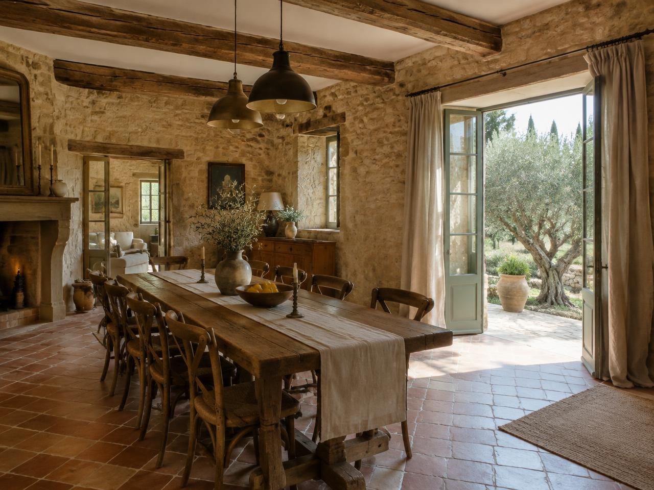 Dining room with oak beams opening to the olive garden