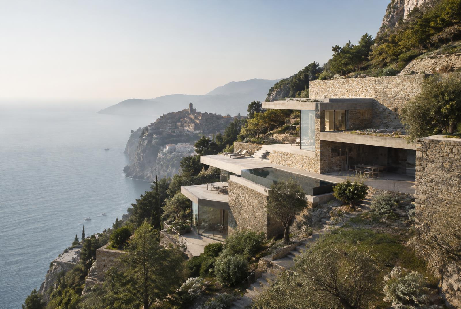 Hillside residence of stone and concrete overlooking the sea and Èze