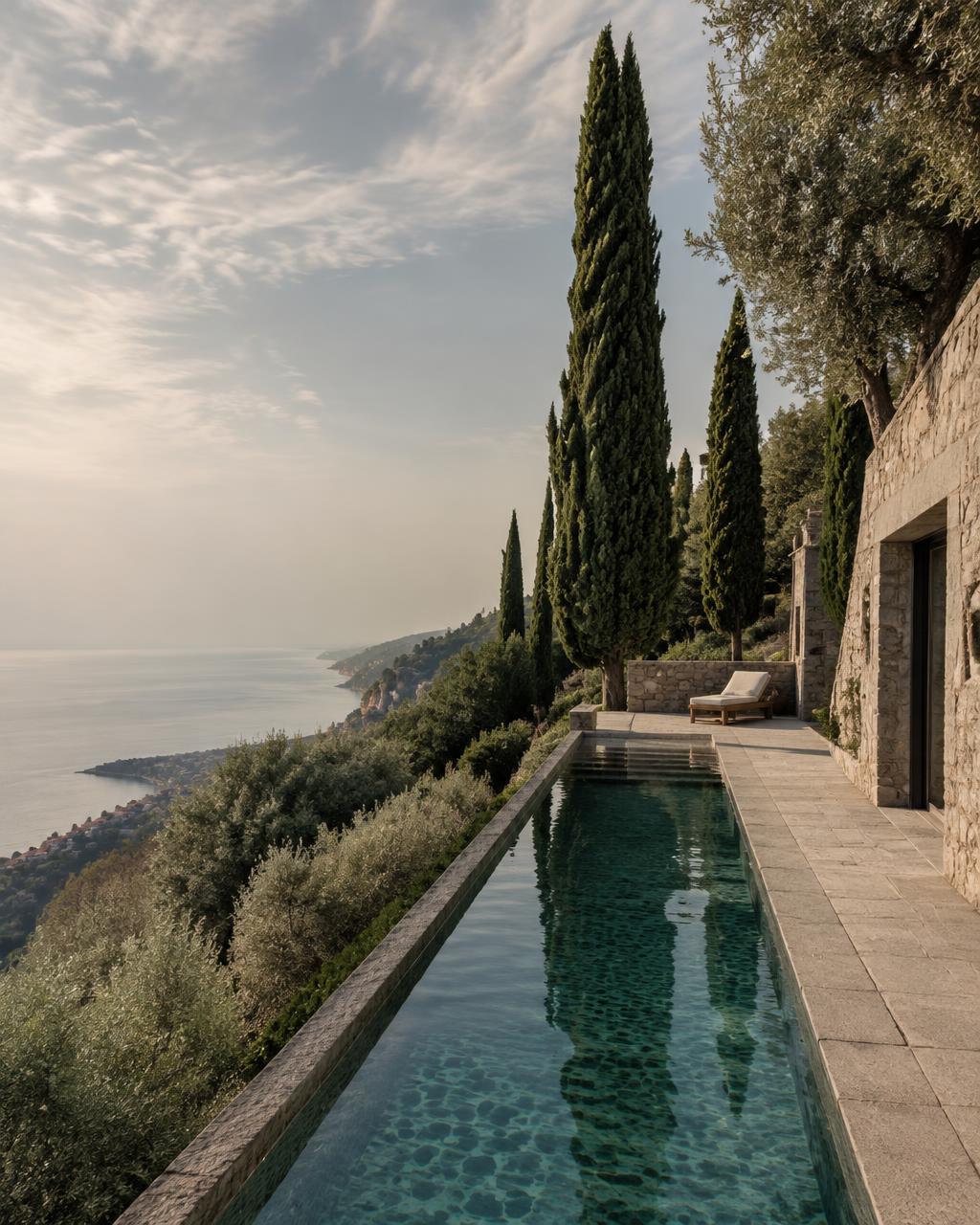 Narrow lap pool beside cypress trees above the coast